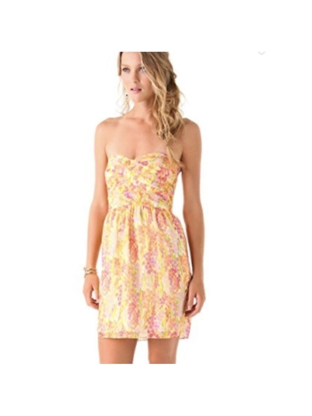 SHOSHANNA Zoe Strapless Garden Print Dress Pink Yellow Green Orange SZ 8
